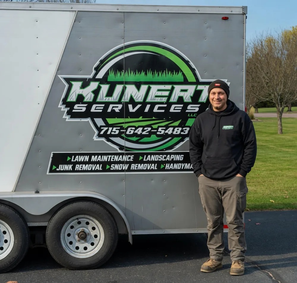 Colten Kunert, founder of Kunert Services LLC, standing next to his Kunert Services work trailer